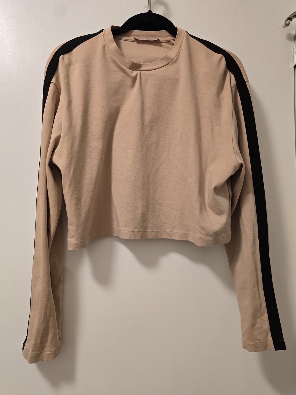WARDROBE.NYC Beige Cropped Long-Sleeve Top with Black Stripes